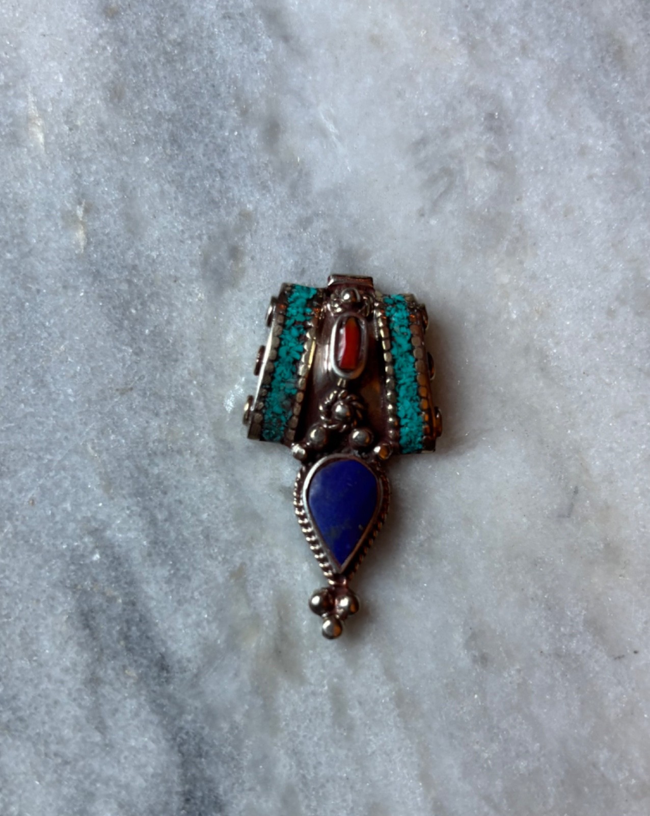 Turquoise, Coral, Lapis Lazuli, Tibetan Silver Bead w/3 holes for Necklace C639