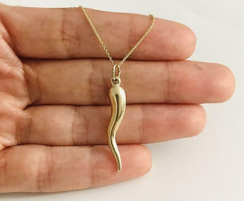10K Real Gold Italian Horn, Cornicello, Chili 1.3″ Pendant / Necklace – C3041