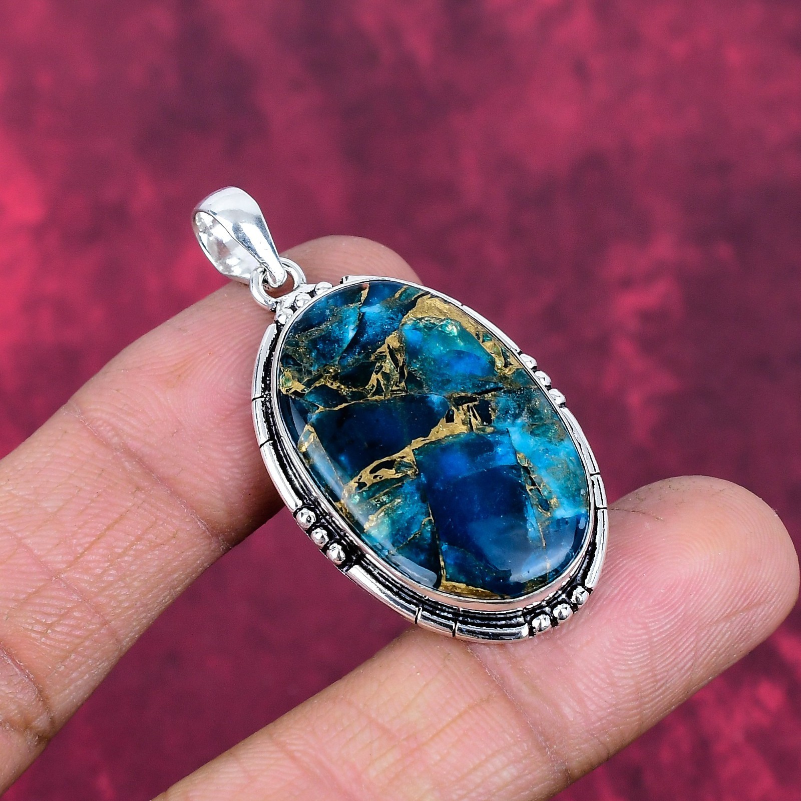 Irani Copper Turquoise Gemstone Handmade 925 Sterling Silver Pendant Jewelry