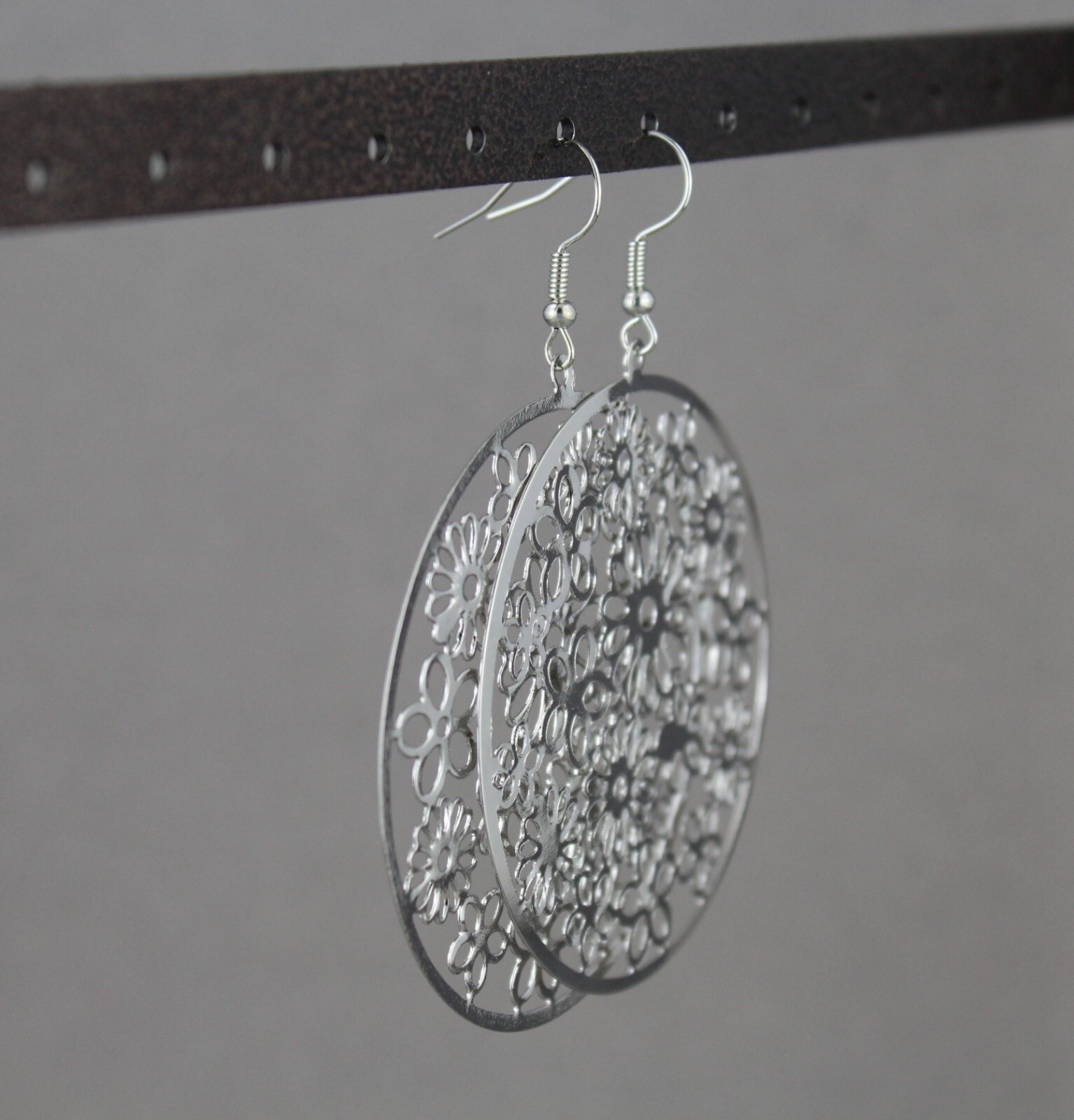 Silver flower filigree round disc earrings medallion 2.75″ long very lightweight