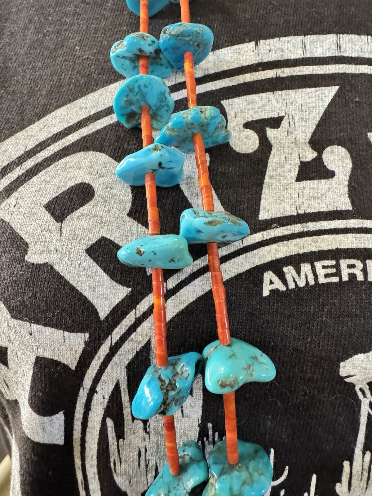 Vintage Double Strand Turquoise Nugget Chip Necklace Red Heishi Beads