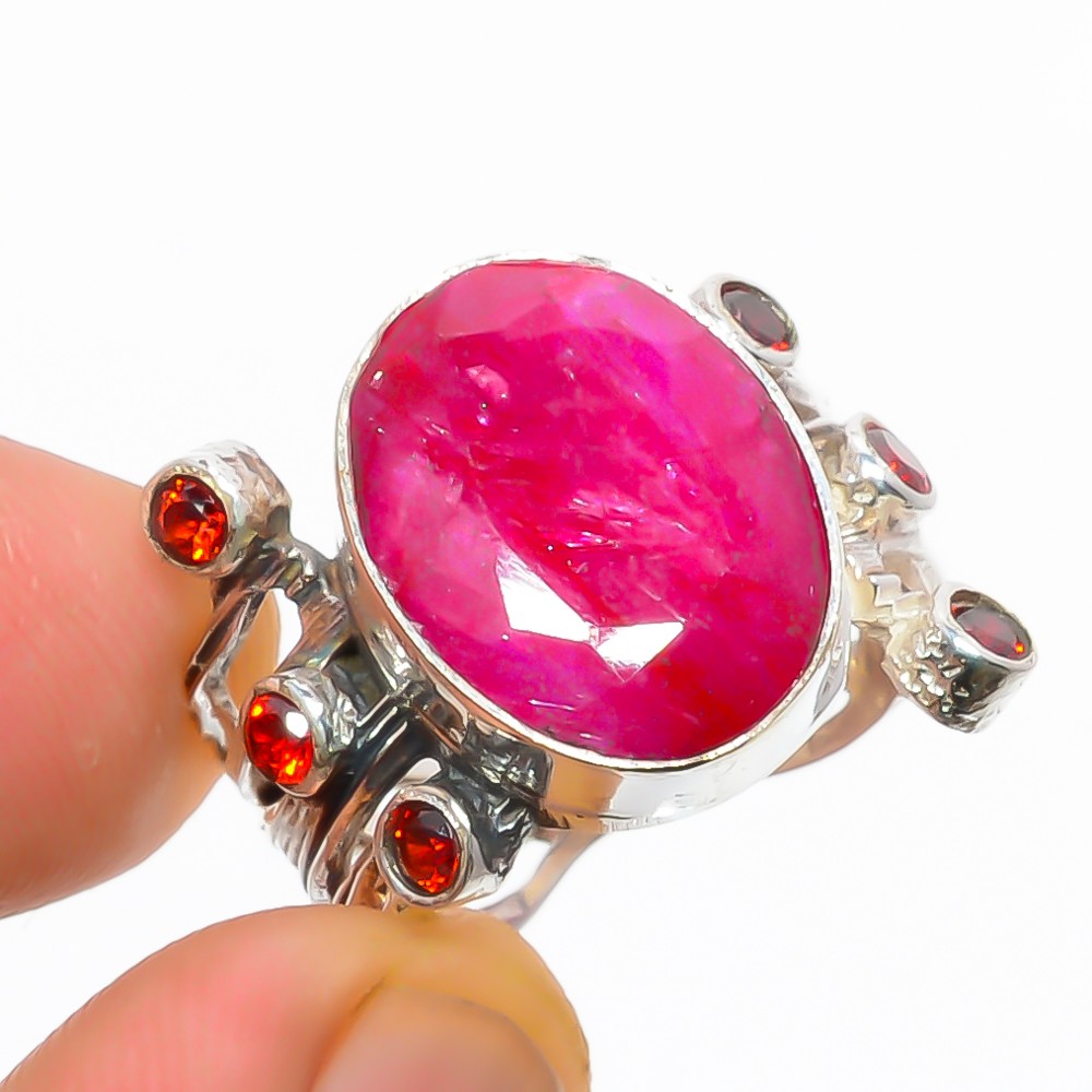 Ruby & Garnet (Lab-Created) Handmade Silver Plated Jewelry Ring s.8 T22