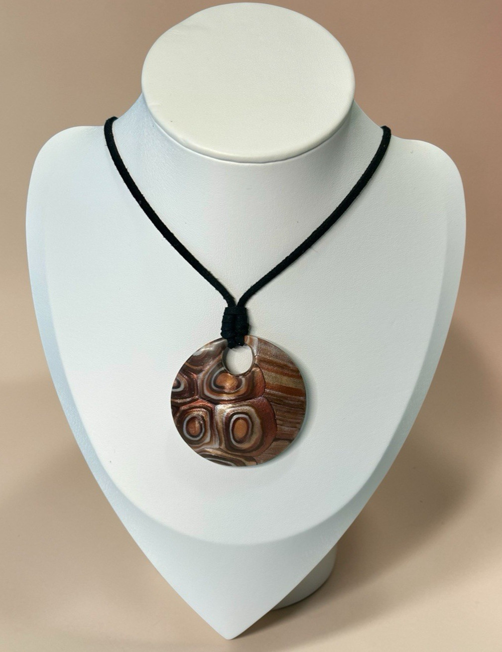 Handmade Metallic Copper & Bronze Polymer Clay Pendant Necklace on Black Cord SS