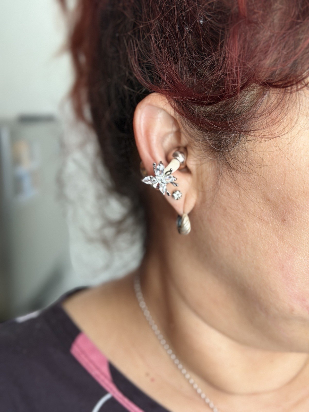 Silver Tone Flower Ear Cuff Climber Earrings Clear Simulated Cubic Zirconia