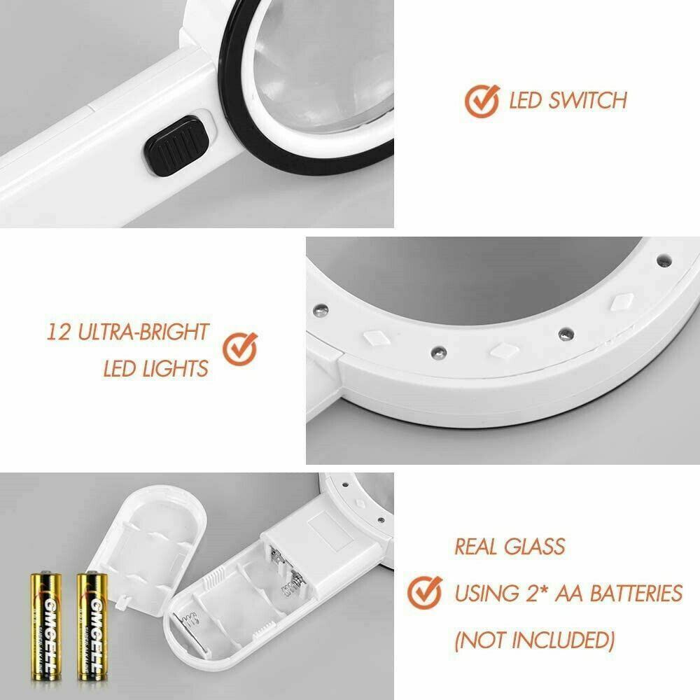 30X Extra Large Handheld Magnifier with 12 Bright LED Lights Jewelry Bench Tool