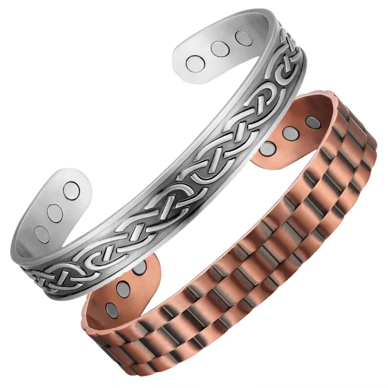2 Pack Solid Copper Magnetic Bracelets Arthritis Pain Therapy Cuff Set