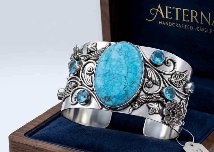 Natural Turquoise Topaz Cuff Bracelet 925 Sterling Silver Handmade ADJ Jewelry