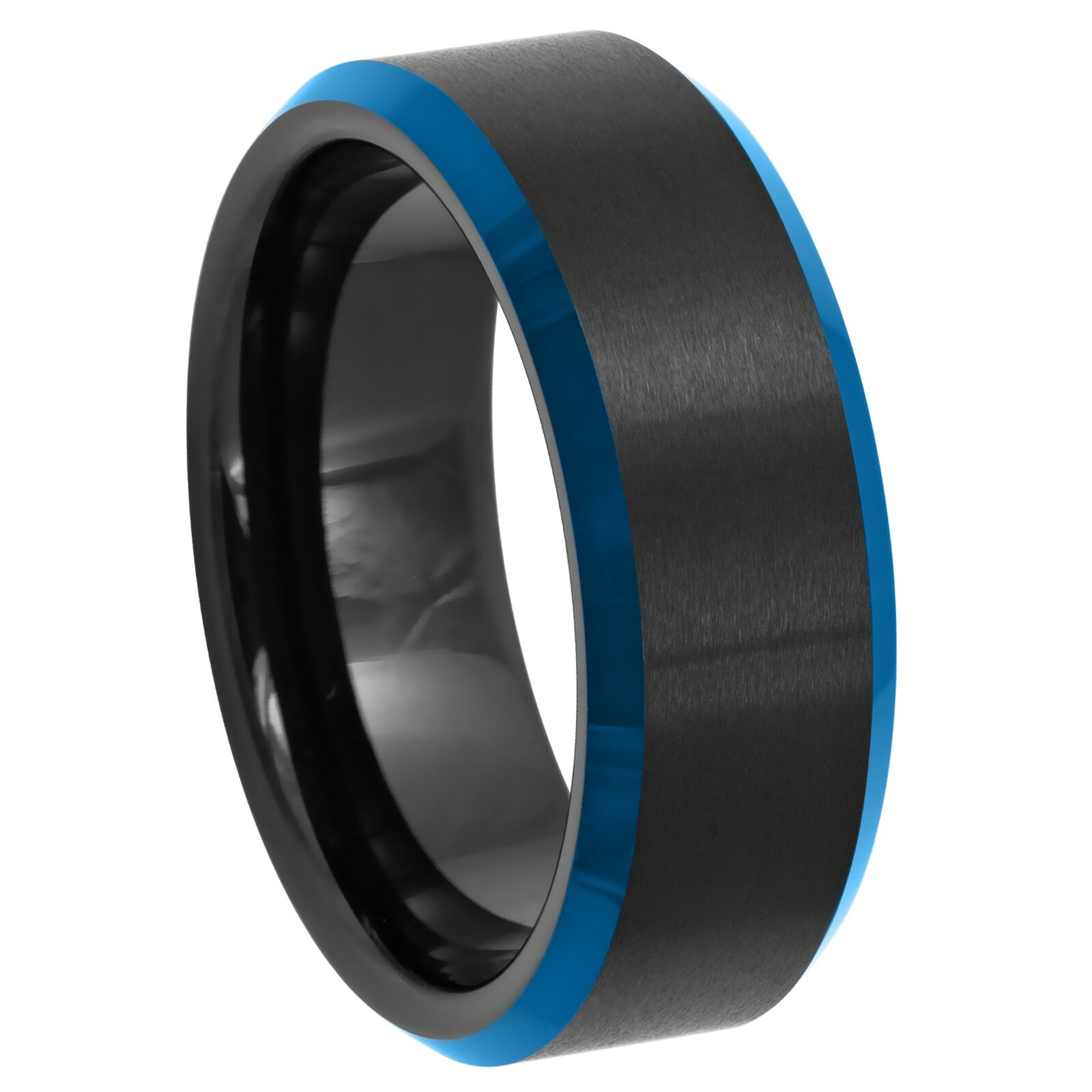 Tungsten Ring Black Ion Plated Center Brushed w/ Blue IP Beveled Edge 8mm Unisex