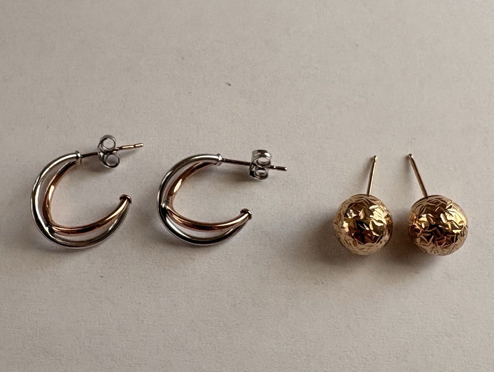 2 Prs. 10K Yellow White Rose Gold Signed RL Pierced Post Hoop Ball Stud Earrings