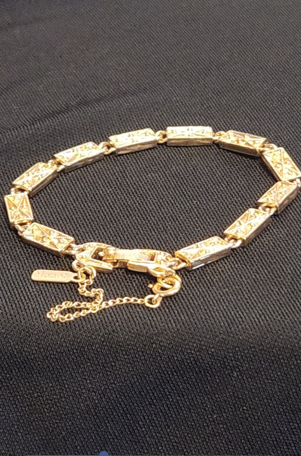 Monet Gold tone Rectangular Bar Etched Bracelet w/Safety Chain
