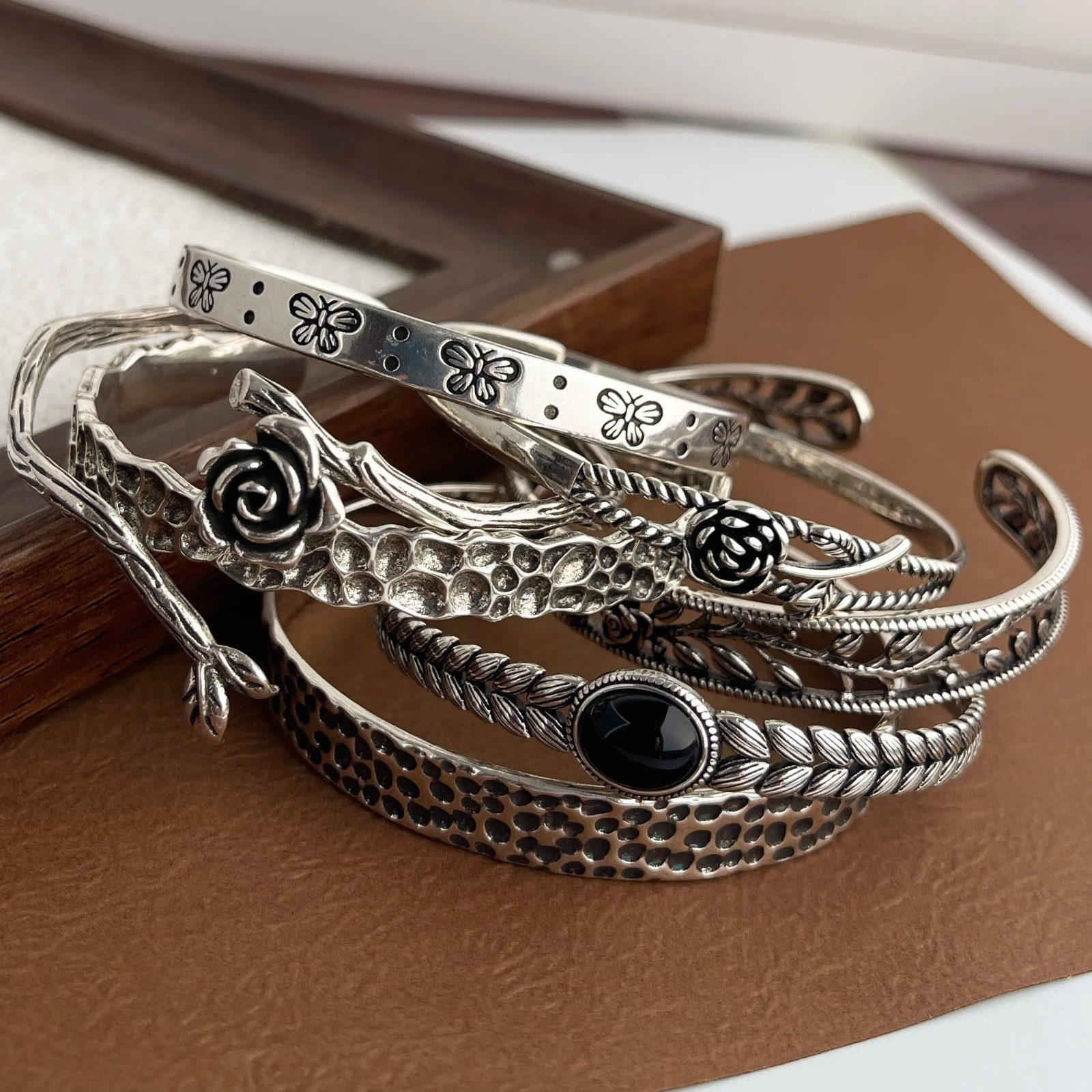Vintage Flower Retro Rose Cuff Bangle Set Sterling Silver Women Jewelle Bracelet