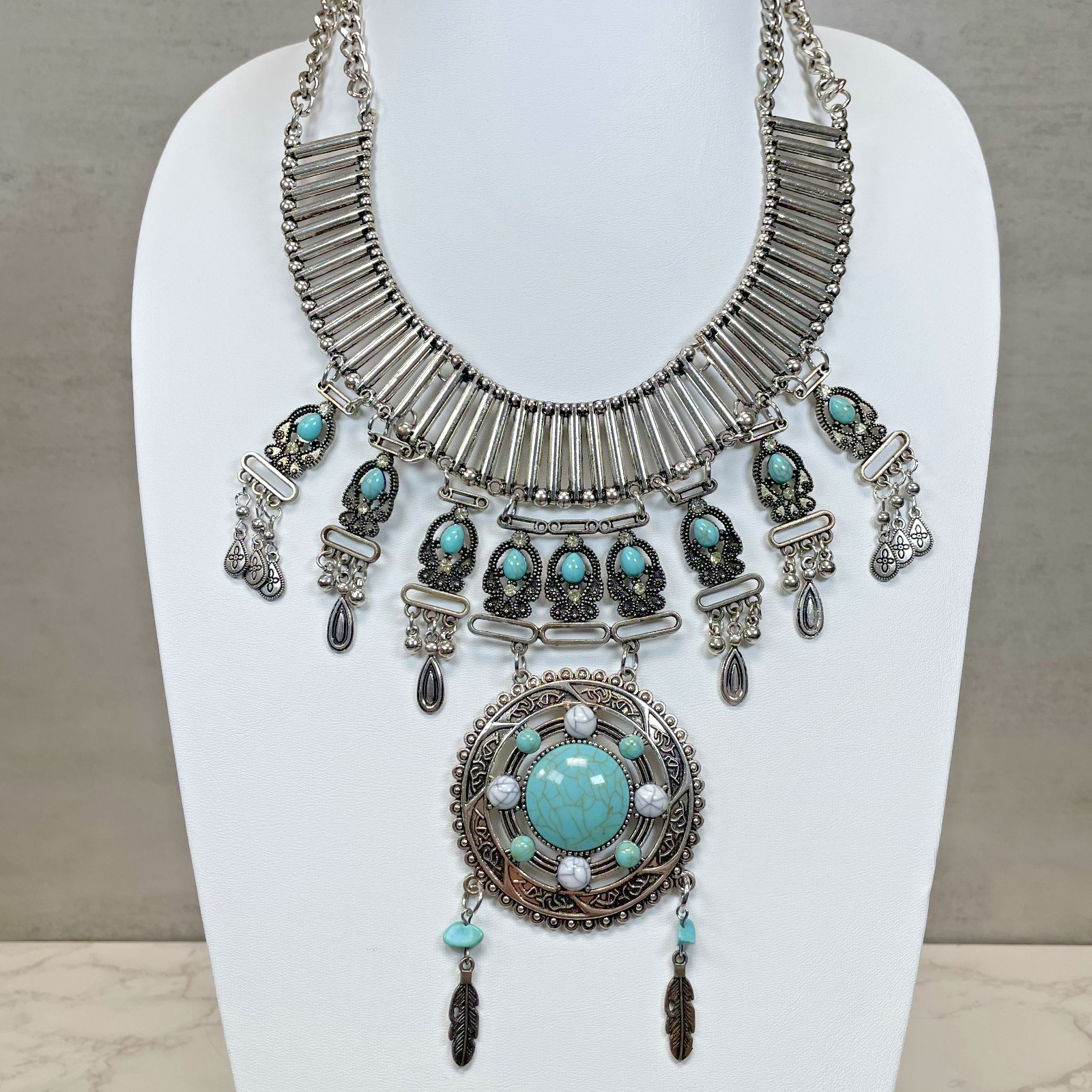 Silver Tone Faux Turquoise Matrix Statement Necklace Feather Bead Southwestern