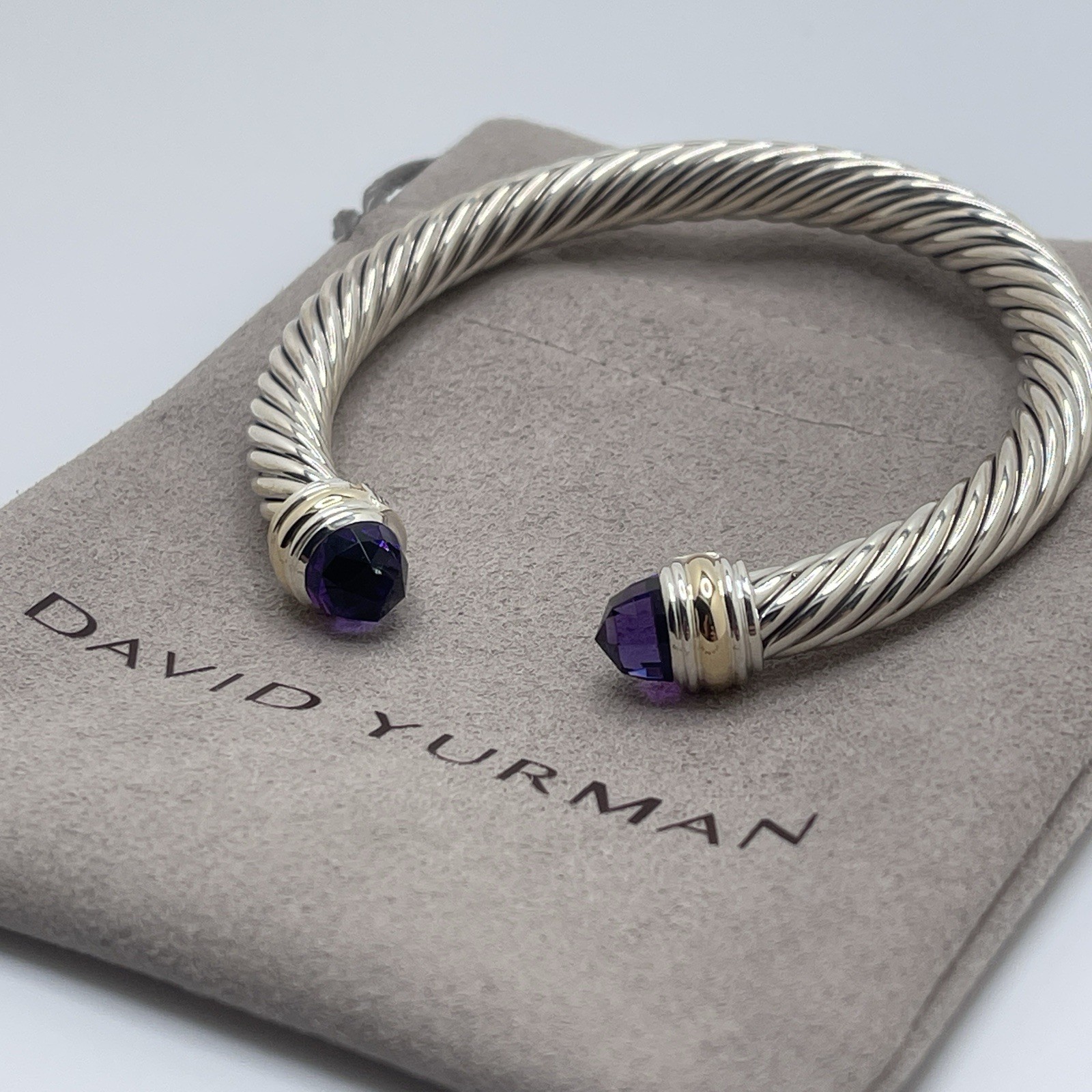David Sterling Silver 7mm Amethyst and 14K Gold Cable Cuff Bracelet