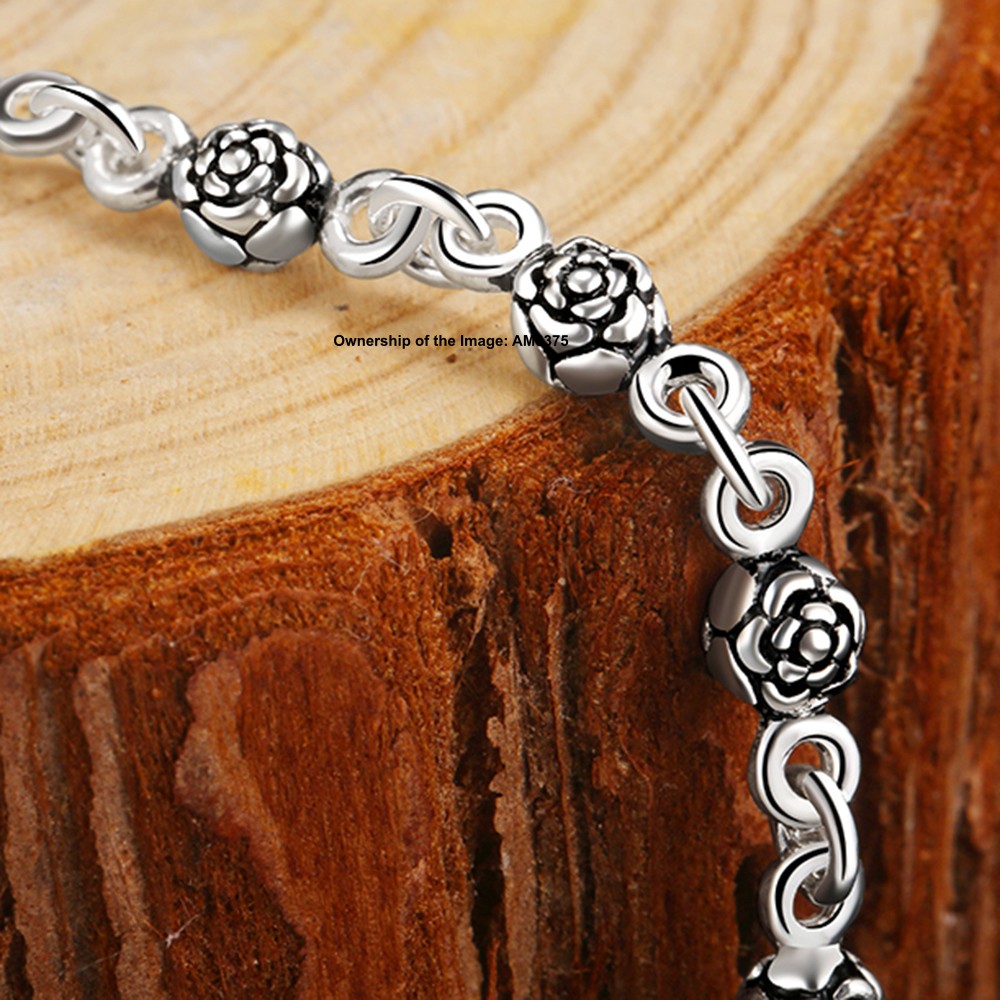 Gift-Ready Pure 925 Sterling Silver ROLO Chain Bracelet with Rose Pattern Beads