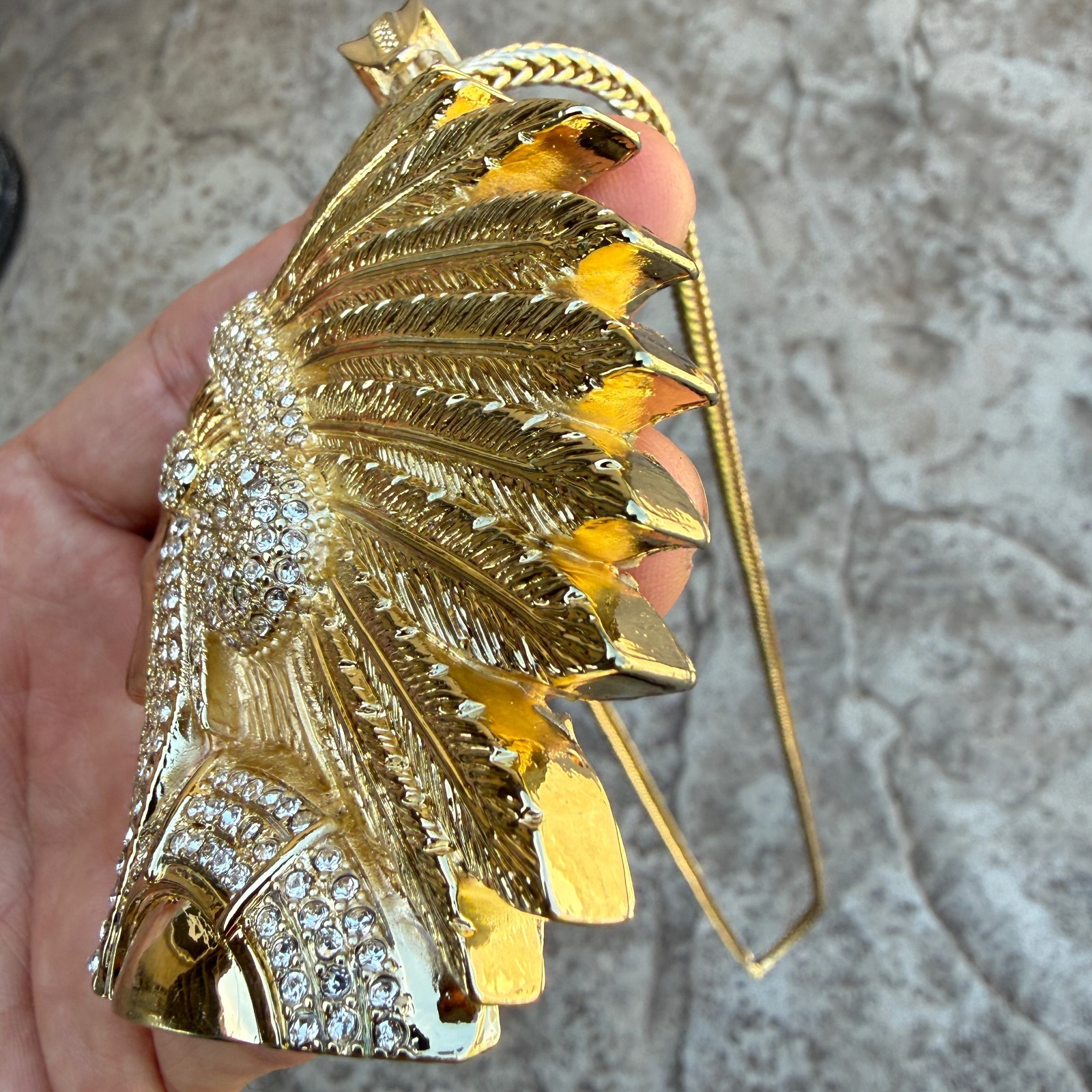 14k Gold Plated Big Apache Indian Chief Simulated CZ Pendant Franco Chain 36″