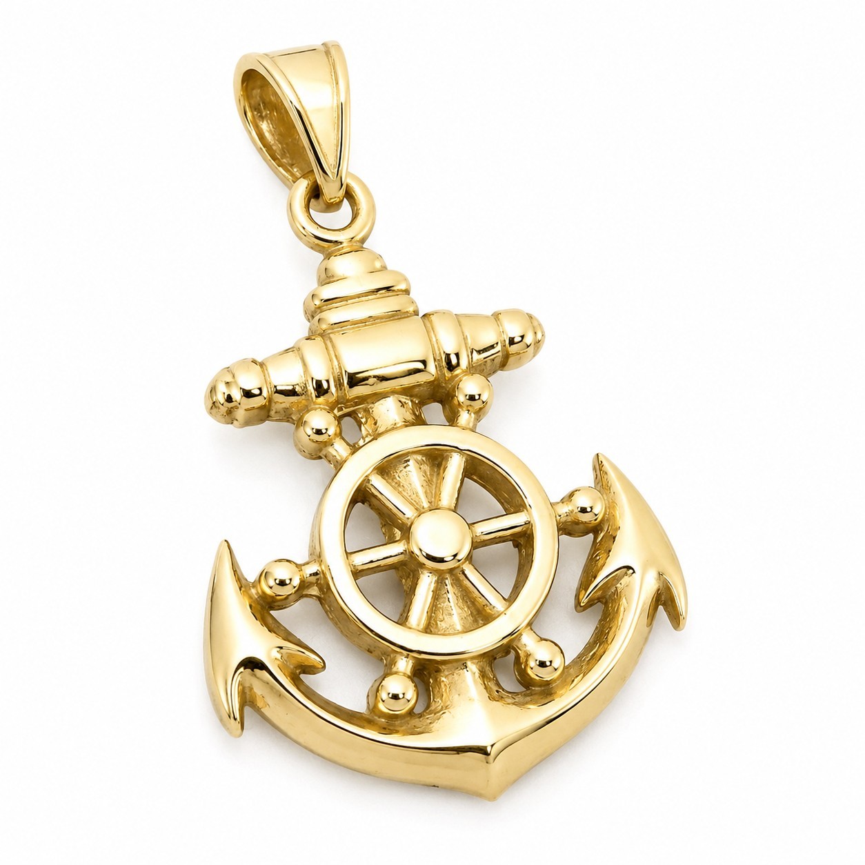 Solid 14K Yellow Gold Mens Anchor Pendant Nautical Ship Wheel Marine Charm