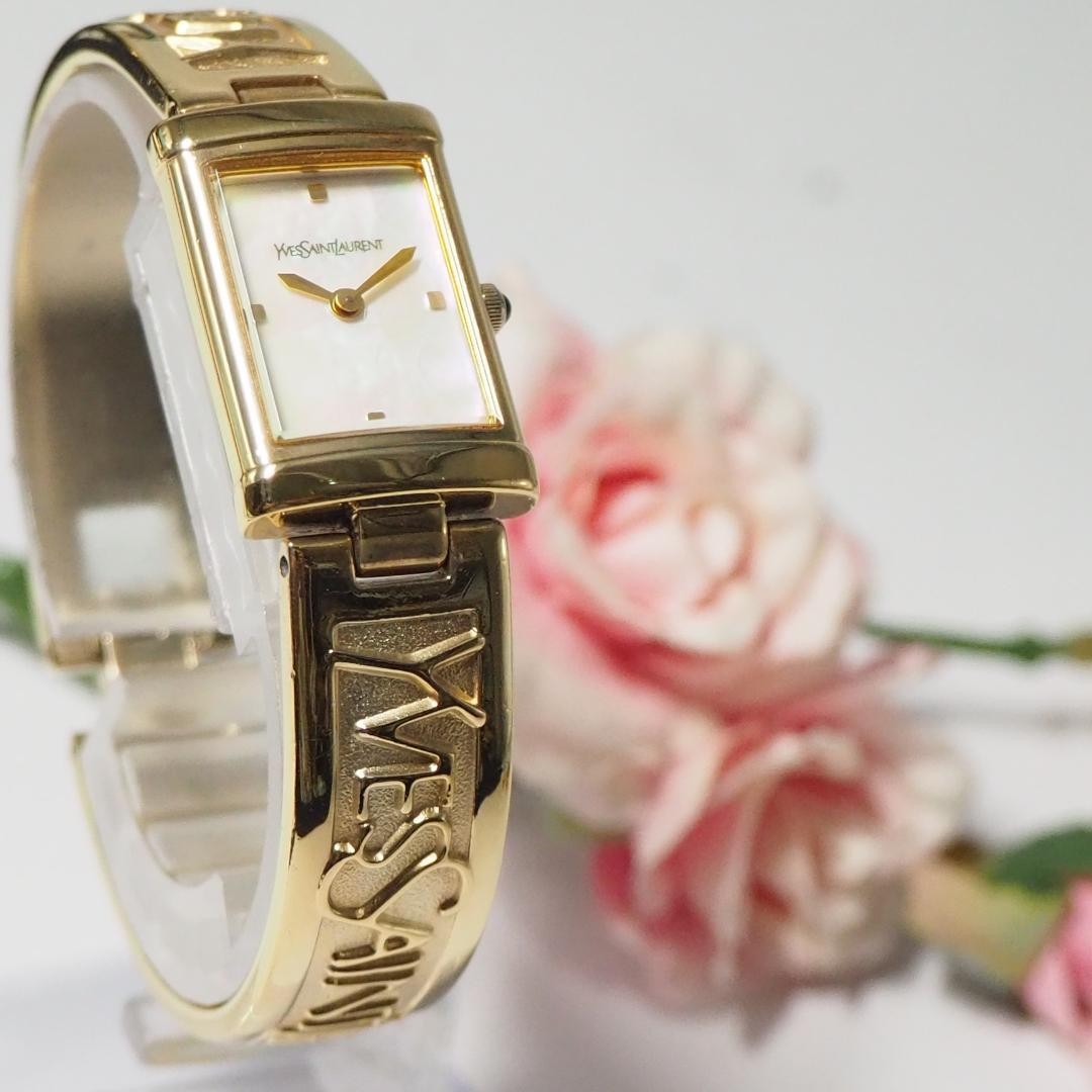 Yves Saint Laurent Square Shell Dial Bangle Watch White H922 Japan 075749