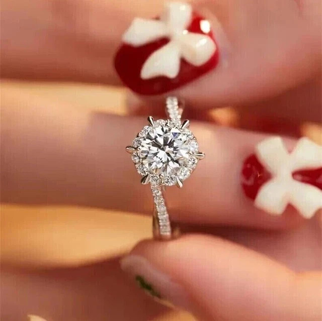 Real Moissanite 3.00Ct Round Cut Engagement Wedding Ring 14K White Gold Plated