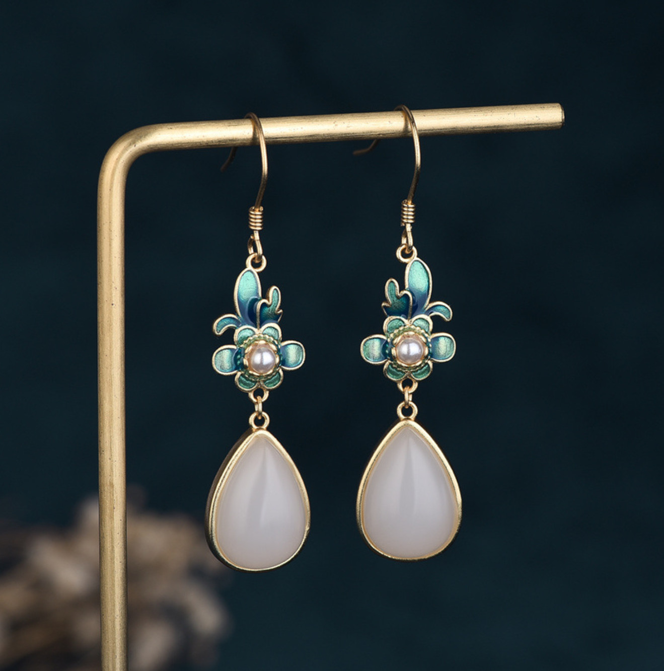 Jade Drop Dangle Earrings Flowers Cloisonne Bohemian Ear Hook 18K Gold Plated