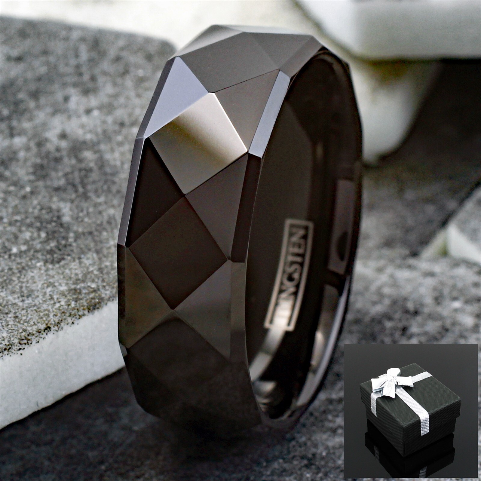 8mm Tungsten Carbide Black Multi-Faceted Wedding Band Ring Men’s Jewelry
