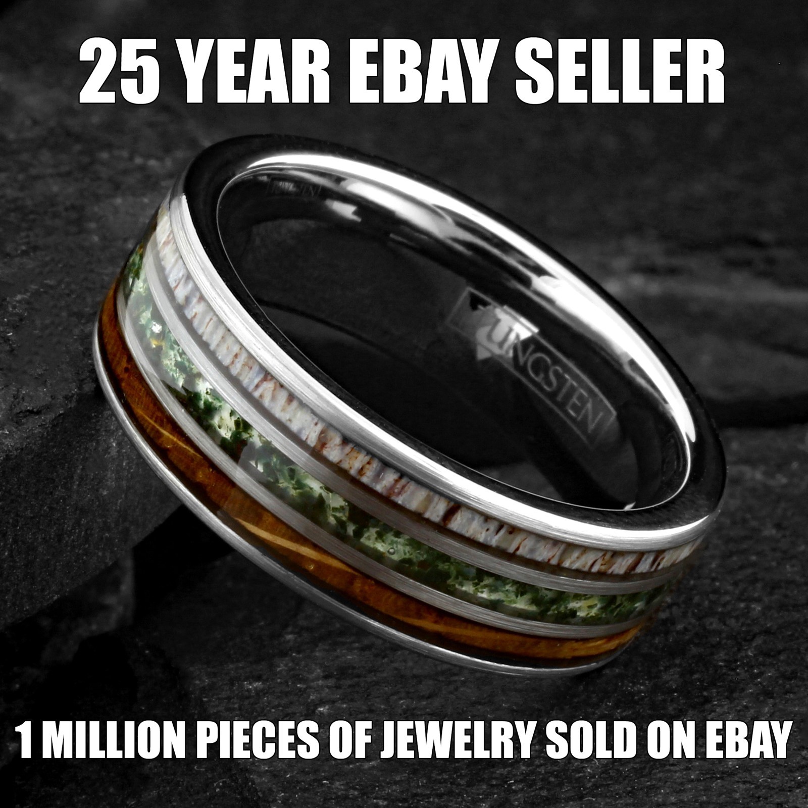 Tungsten Carbide Moss Agate Deer Antler Whiskey Barrel Band Ring