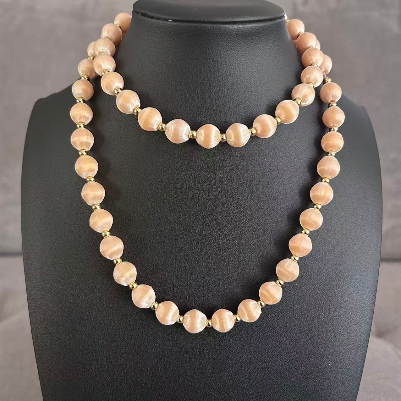 Vintage Peach Pink Silk Satin Thread Wrapped Bead Single Strand Necklace 30″