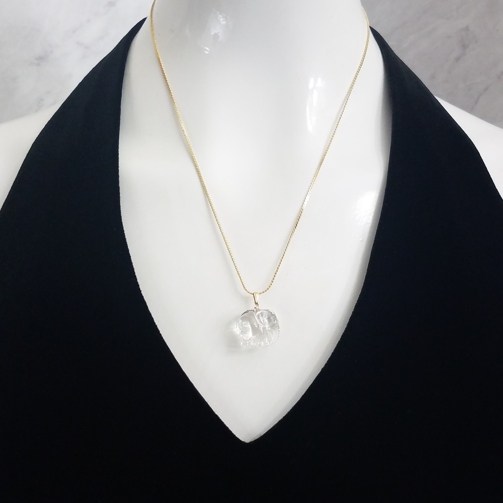 Vintage Crystal Elephant Charm Necklace Gold Plated Herringbone Chain Jewelry