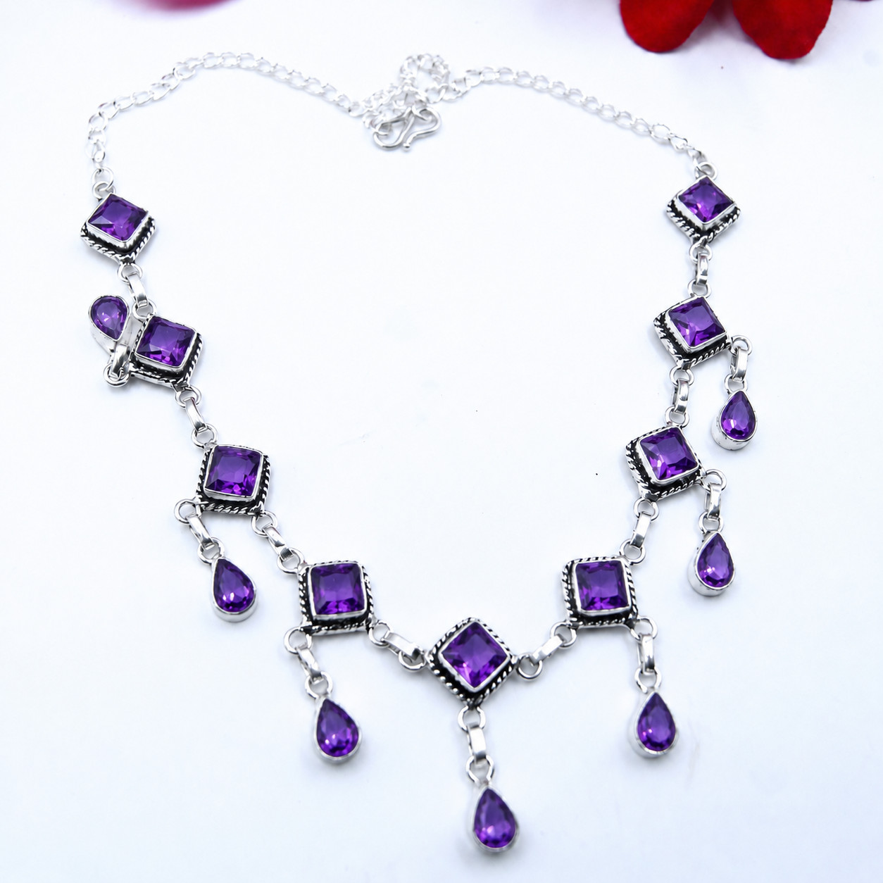 Purple Amethyst Gemstone Handmade 925 Sterling Silver Jewelry Necklace Sz-17-18″