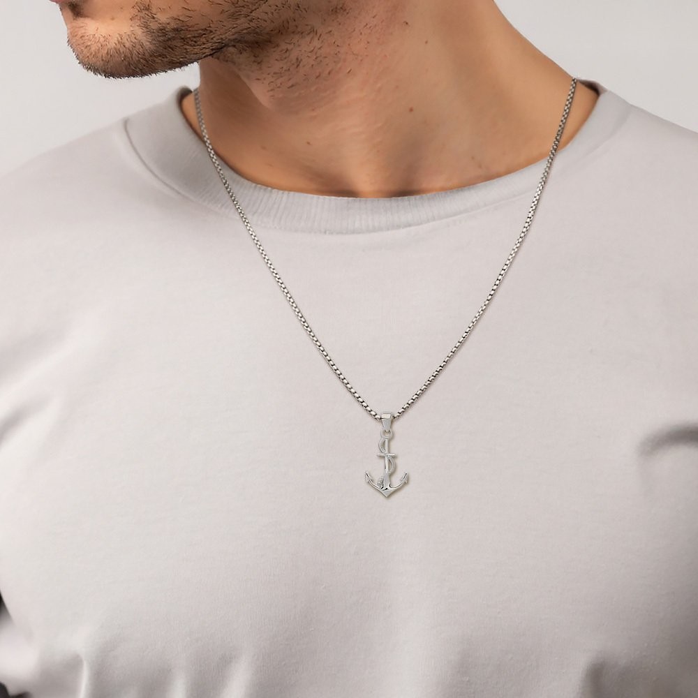 14K Solid White Gold Medium Anchor Mariner Rope Pendant Necklace 25.9mm 1 inch