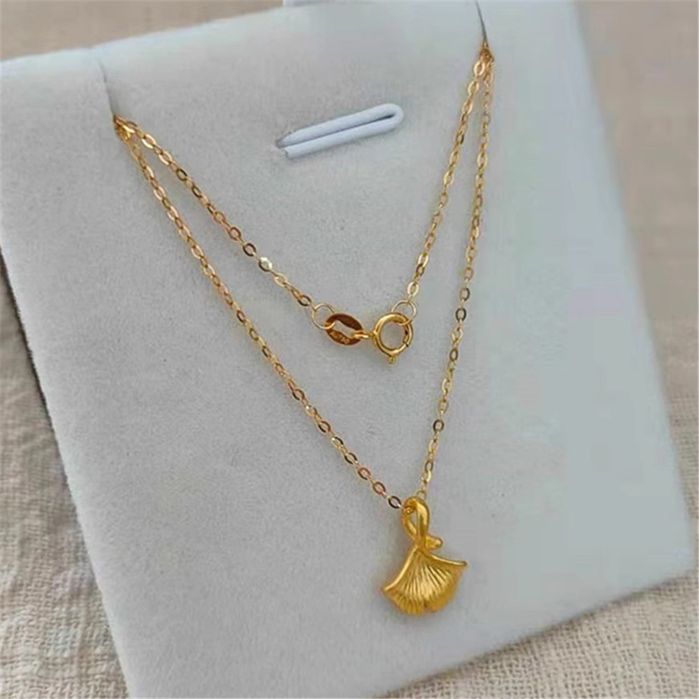 Pure 999 24K Yellow Gold Ginkgo Pendant With 18K O Link Necklace 17.9inch