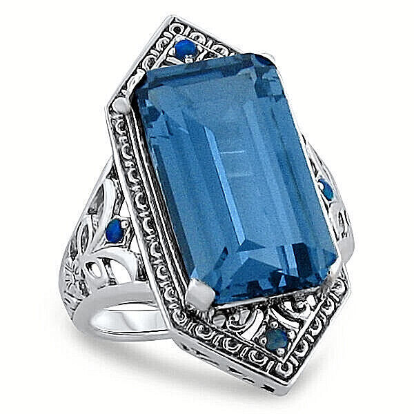 ART DECO STYLE 925 STERLING SILVER 6 Ct SIMULATED AQUAMARINE OPAL RING 283X