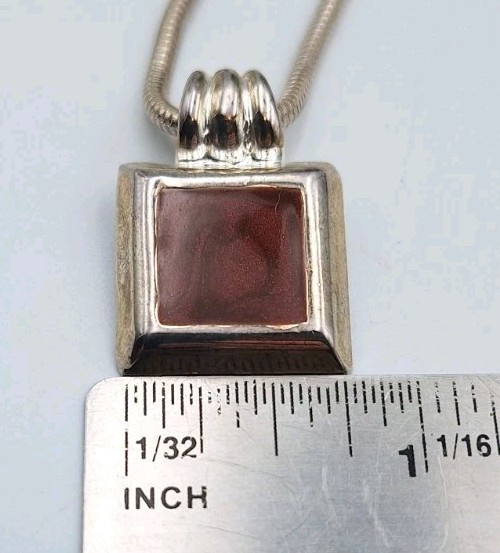 Silvertone Square Enamel Inlay Pendant Charm Necklace Round Snake Chain 16″-19″