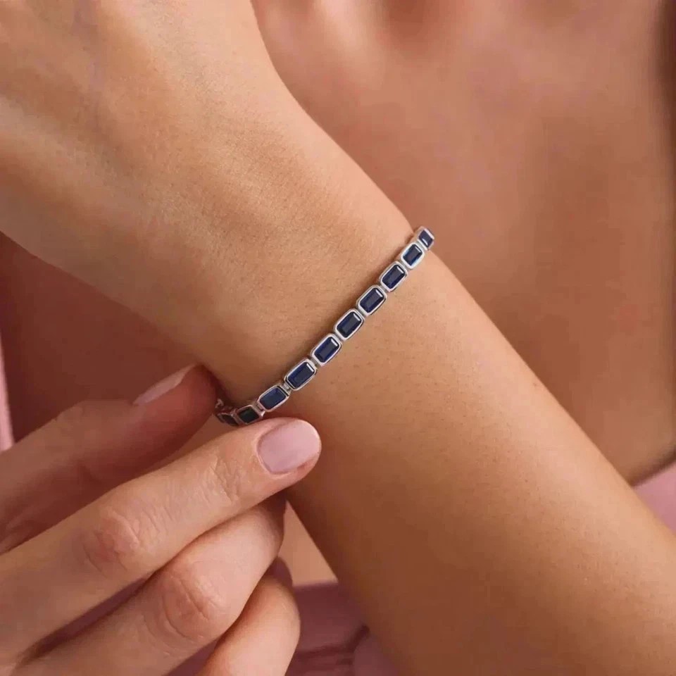 12 Ctw Emerald Cut Created Blue Sapphire Tennis Bracelet 14K White Gold Plated