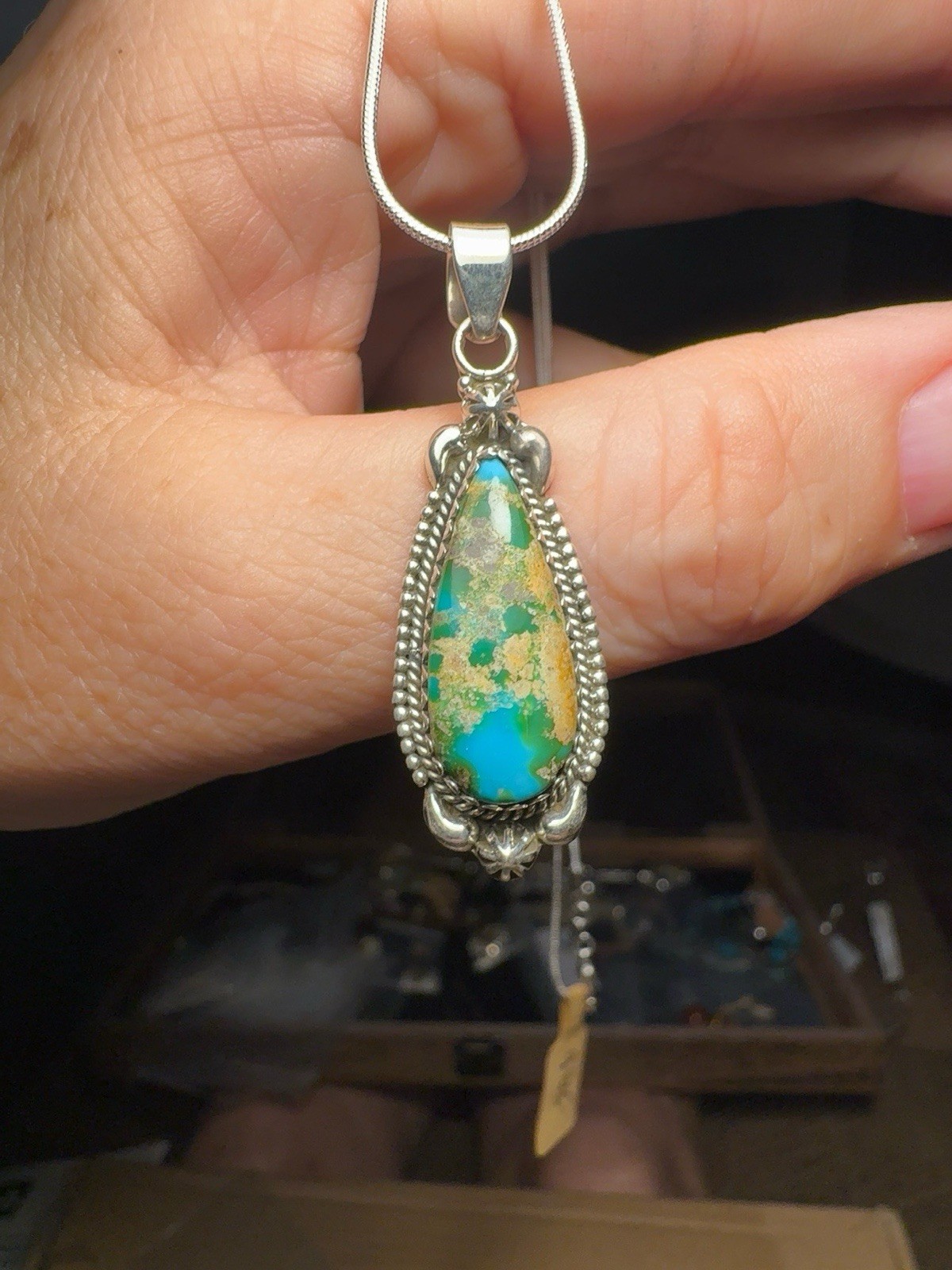 Royston Turquoise Teardrop Pendant Necklace, Silver Bezel, Snake Chain