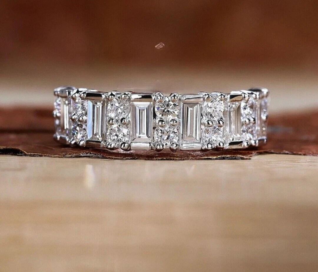 1.50Ct Round & Baguette Cut Lab Grown Diamond Half Eternity Band 14K White Gold