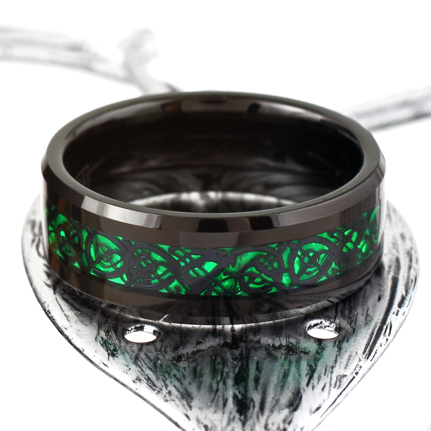8mm Black Tungsten Carbide Men’s Ring Green Celtic Dragon Wedding Band