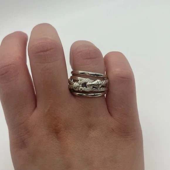 David Yurman Sterling Silver and Diamonds Buckle Crossover Ring Size 8