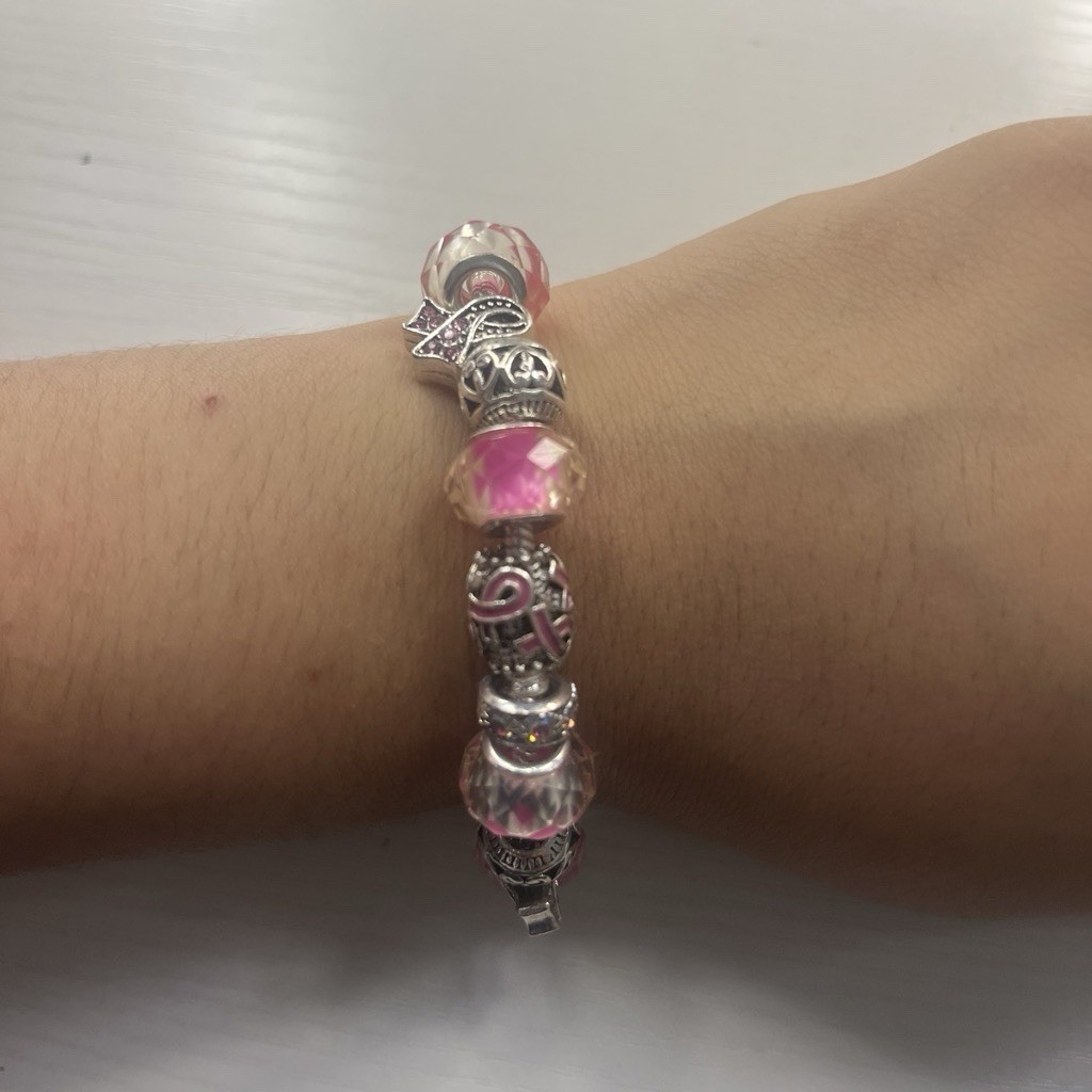 Silver Tone Snake Chain Charm Bracelet Pink Round Glass Bead Charms Adjustable