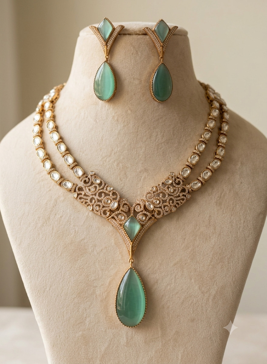Eshal Handcrafted Mint Green Kundan Necklace with Teardrop Pendant Roz Jewellers