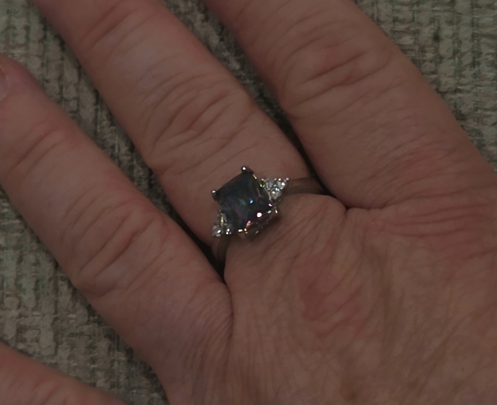 Sterling 925 Emerald Cut Multi Mystic Topaz Size 7 Ring w/6 Clear Accent Stones