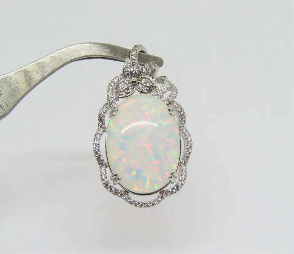 3Ct Oval Cut Fire Opal Pendant 14K White Gold Finish