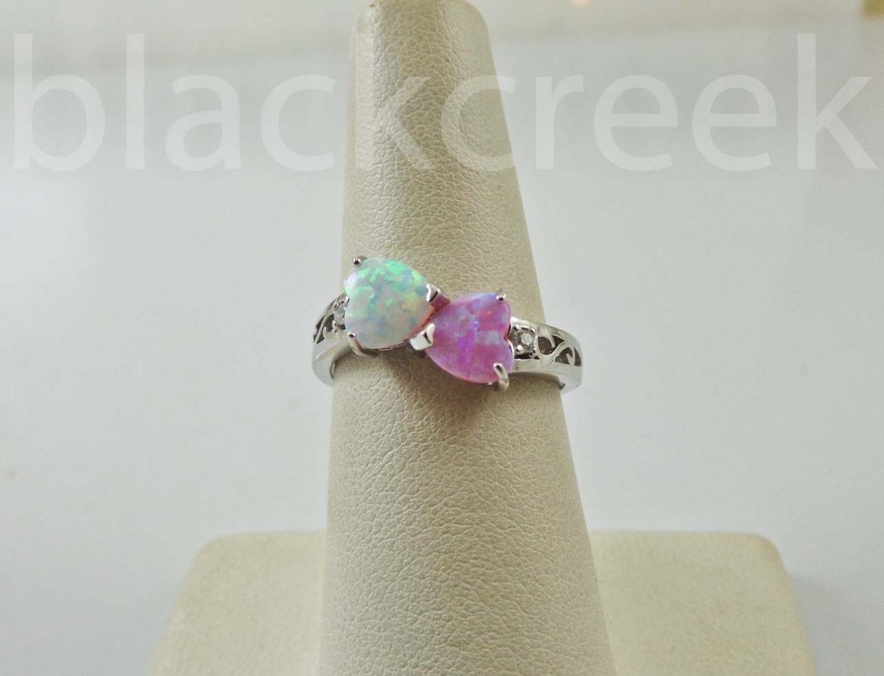 925 Sterling Silver / White / Pink / Two Hearts / Opal~Size 4/5/6/7/8/9/10/11/12