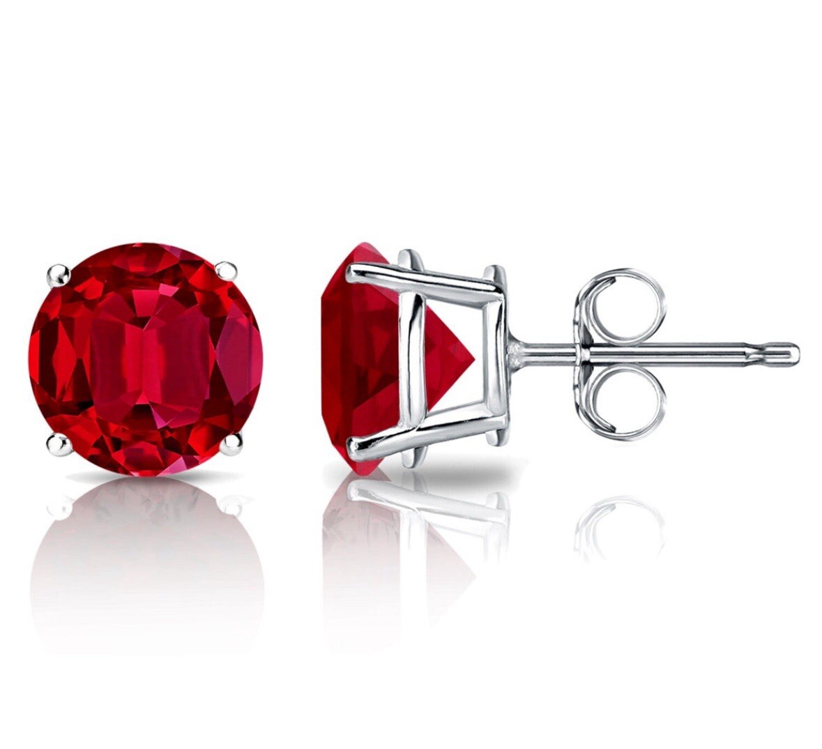 4 Ct Round Cut Lab Created Red Ruby Stud Earrings 14K White Gold 7mm Push Back