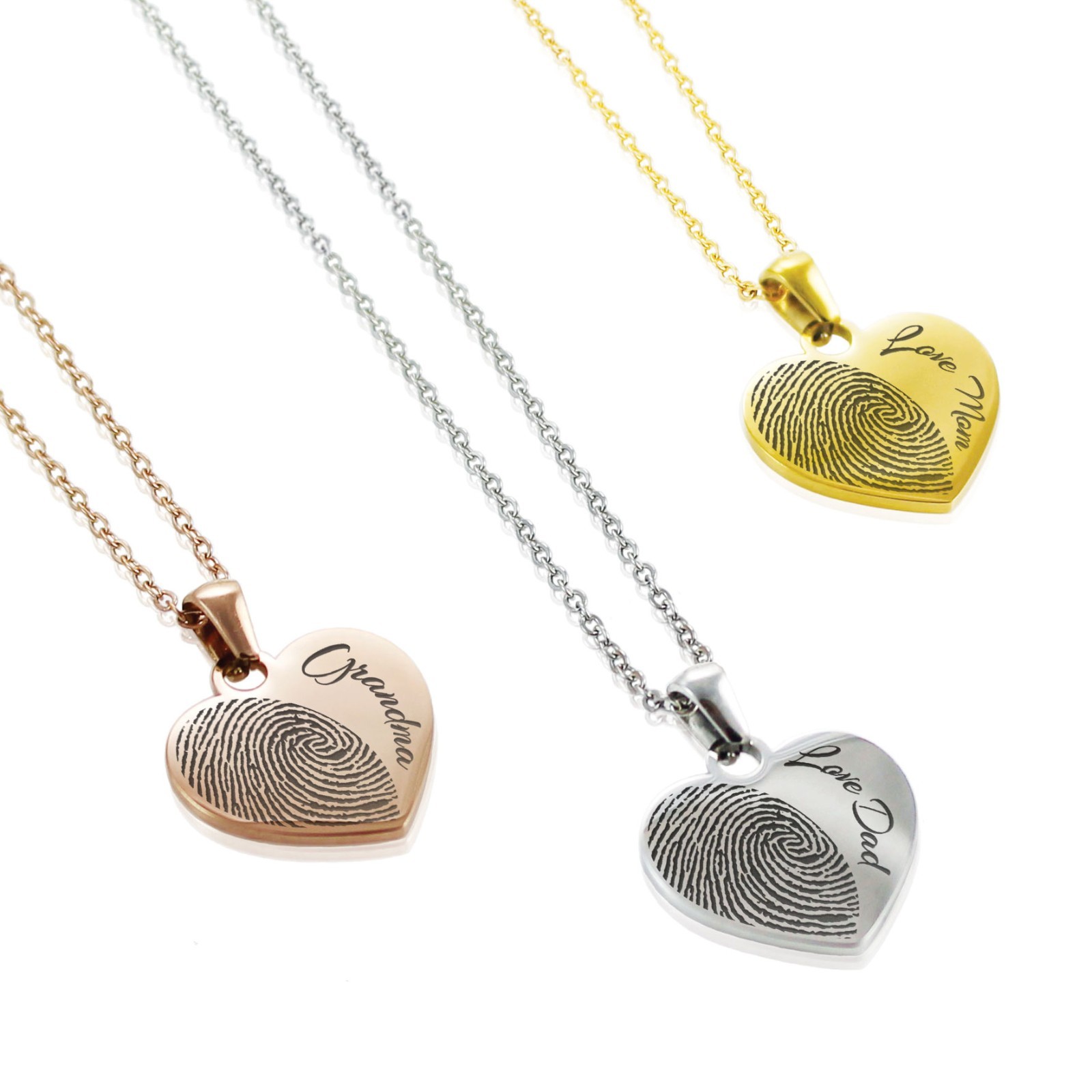 Engraved Fingerprint Heart Necklace Personalized Stainless Steel Memorial Gift