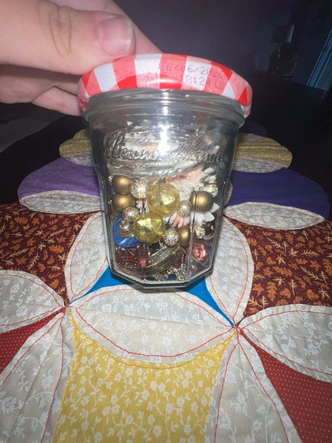 Mystery Costume Jewelry Lot in Repurposed Bonne Maman Jar gold and silver mixed
