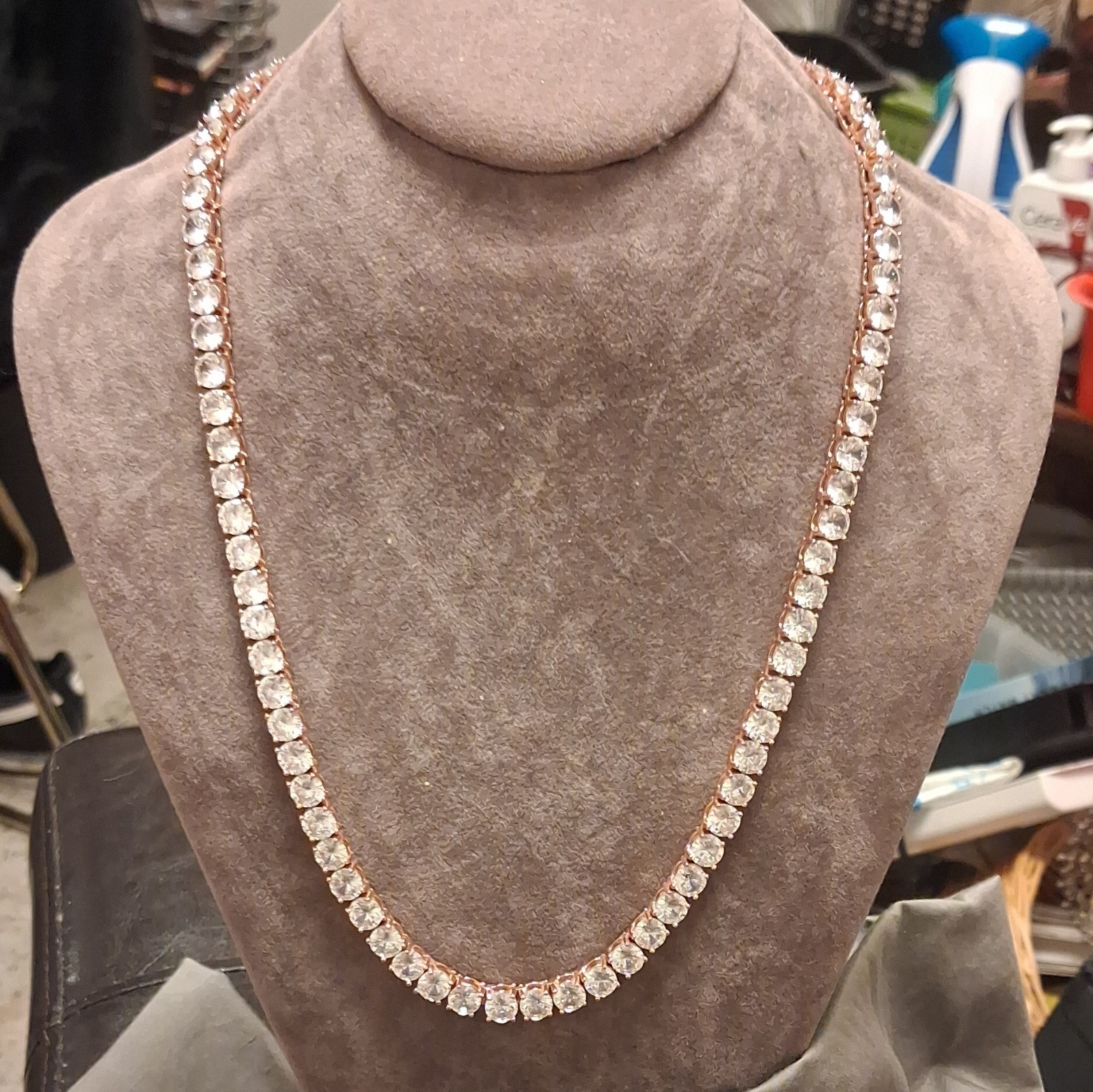Rose Gold Plated Tennis Chain Necklace Round Simulated Diamond Prong Set