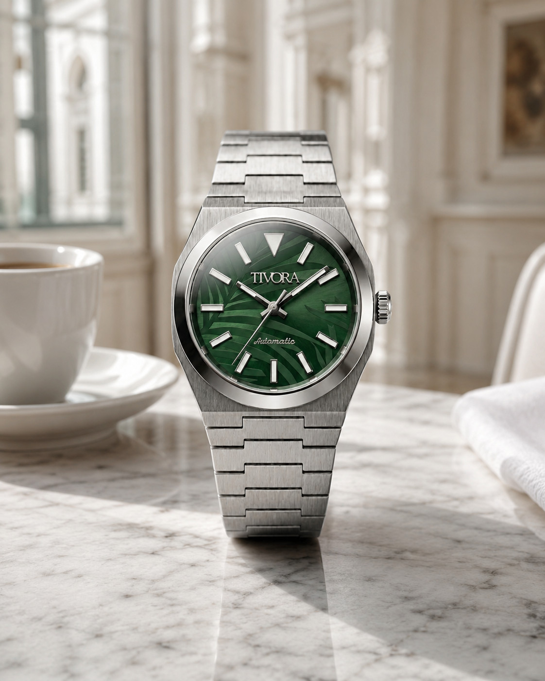 TÍVORÁ Échelon Argent Steel Palm Dial – Custom Branded Automatic Watch