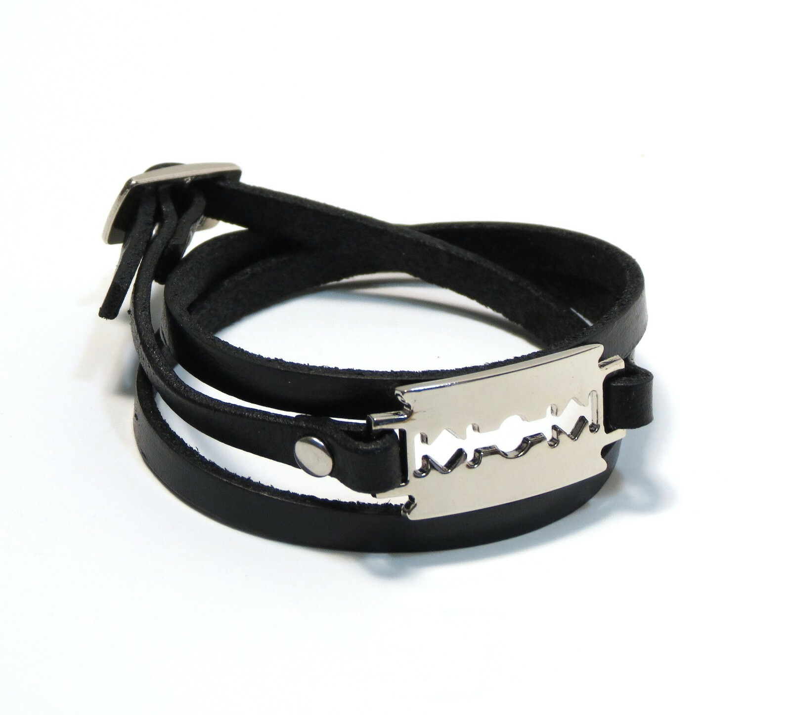 Gothic Punk Black Triple Wrap Faux Leather Bracelet with Chrome Razor Blade