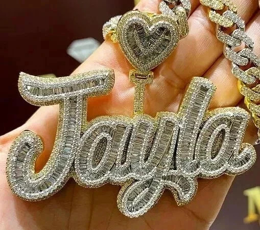 3.30 Ct Baguette Cut Real Moissanite Custom Name Pendant 14K Yellow Gold Plated