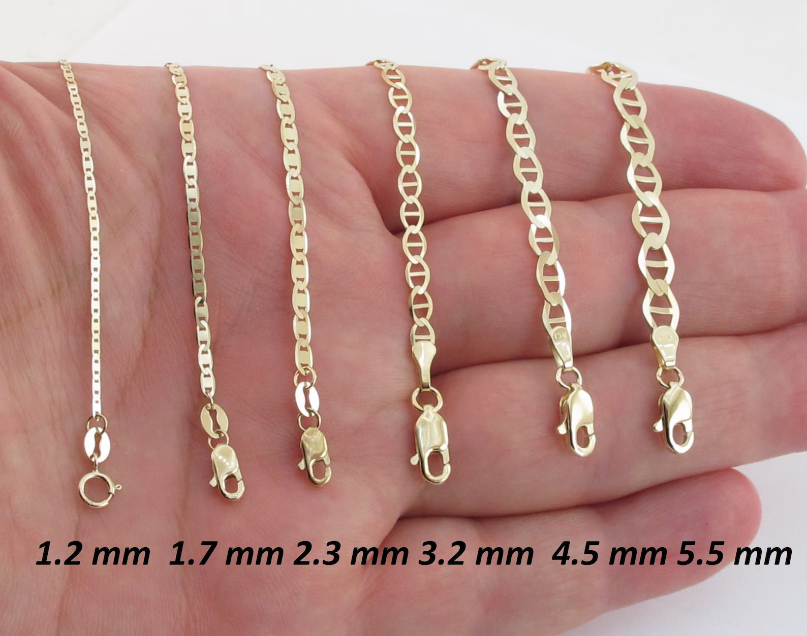 10k Solid Yellow Gold Mariner Anchor Link Chain 16″ To 24″, 1.2 mm To 5.5 mm